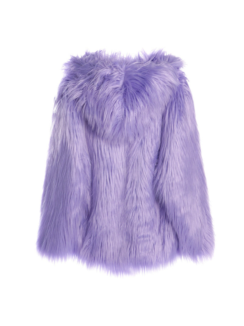 DEADENDKIDS LAVENDER DREAM faux-fur hooded jacket — full-length modeled view