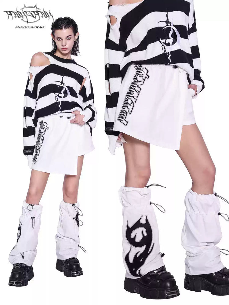 PINKSPINK 24/AW mini skirt and leg warmers in WHITE — two-panel front styling view showing the complete set and skirt graphic.