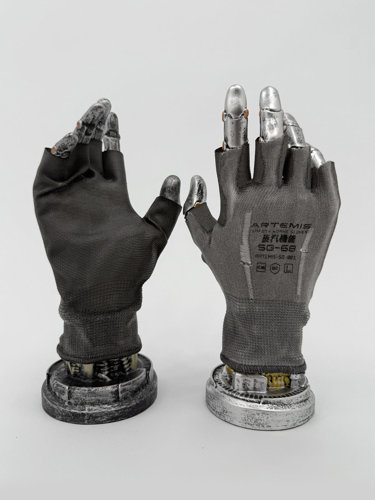 STEAM FUNCTION PRECISION CASTING distressed fingerless gloves in moon-dust gray, PALM GLUE — palm and printed back views on display hands