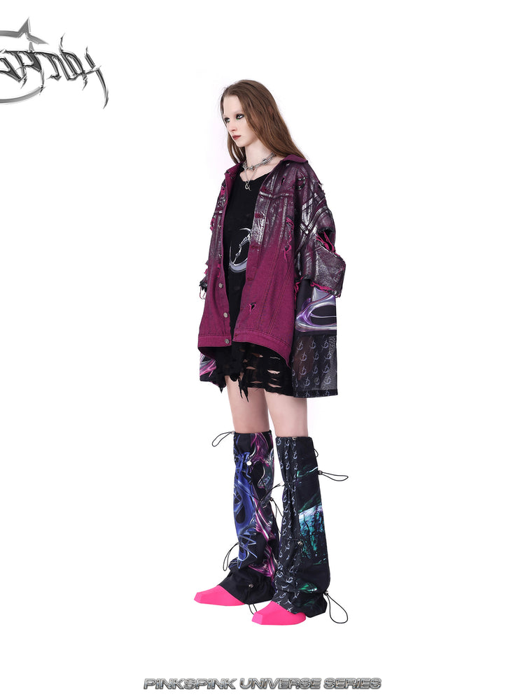 PINKSPINK silver-coated distressed denim jacket in WASTELAND PINK — opposite side view styled with shorts.