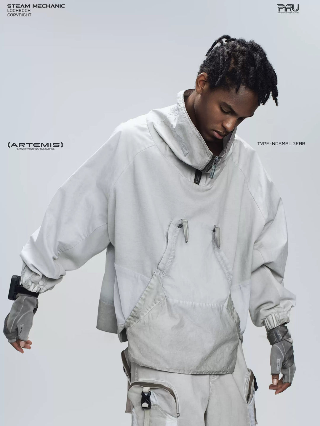 PIONEER eris white detachable-pocket utility hoodie in eris white — angled modeled view showing the detachable pocket and sleeve shape