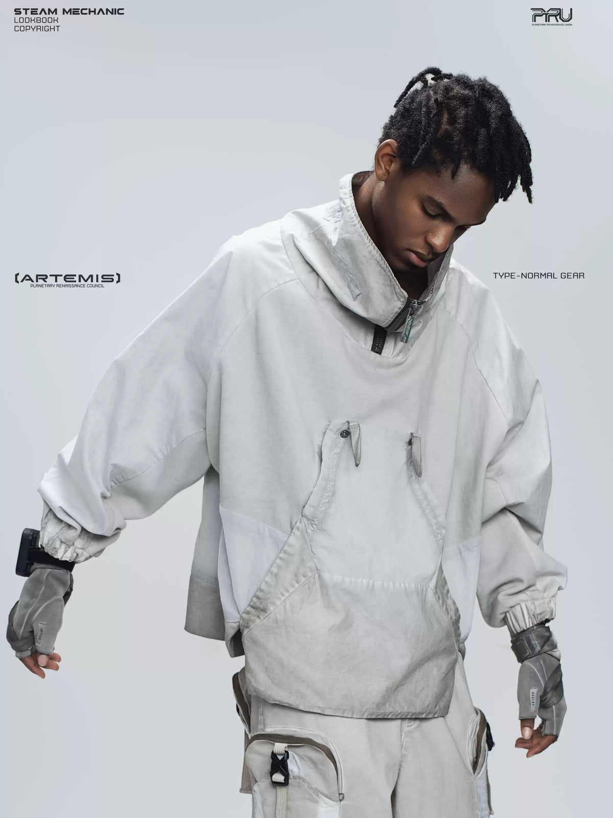 PIONEER eris white detachable-pocket utility hoodie in eris white — angled modeled view showing the detachable pocket and sleeve shape