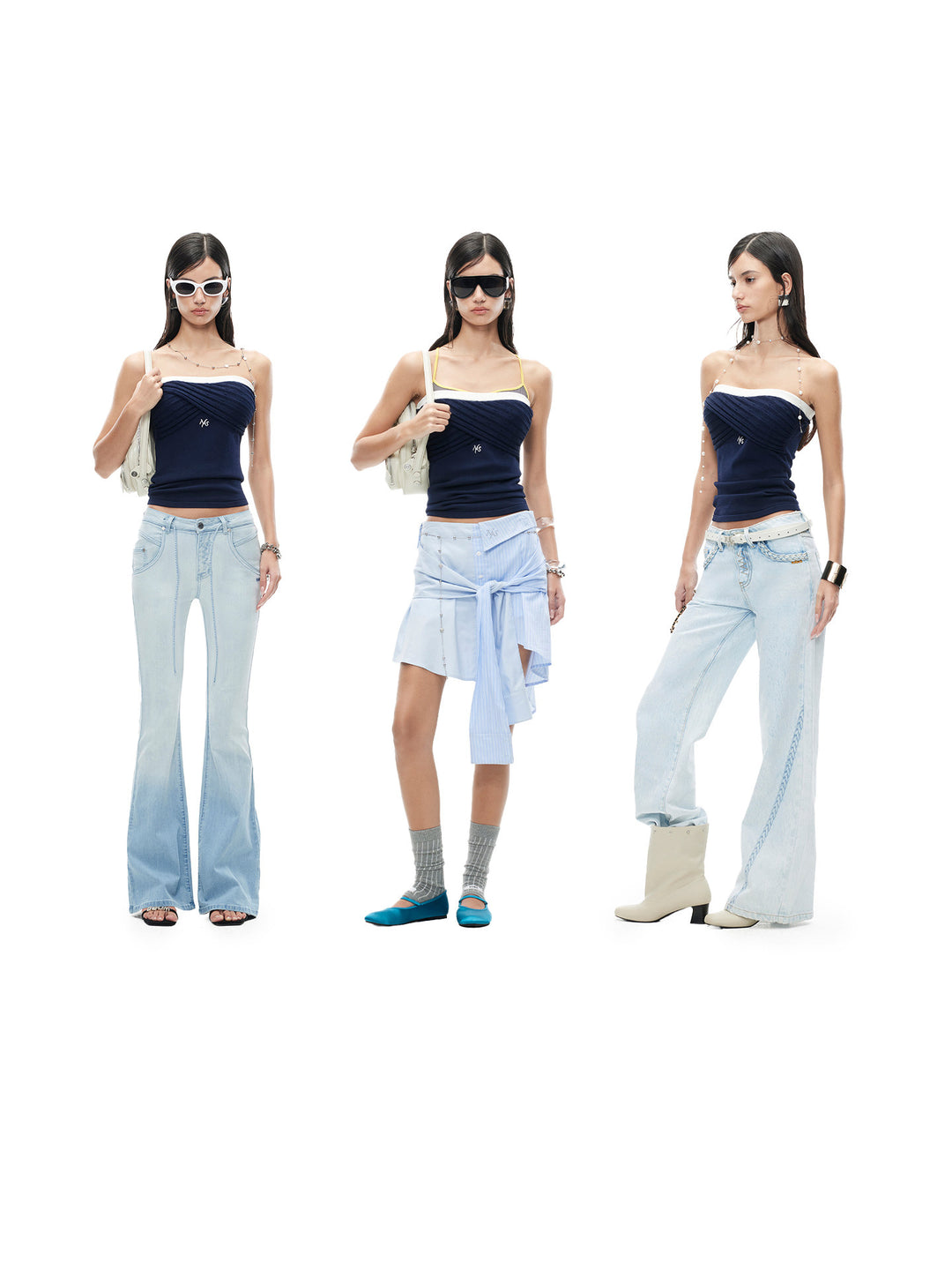 NAWS LACE gathered knit bandeau top — modeled front styling view