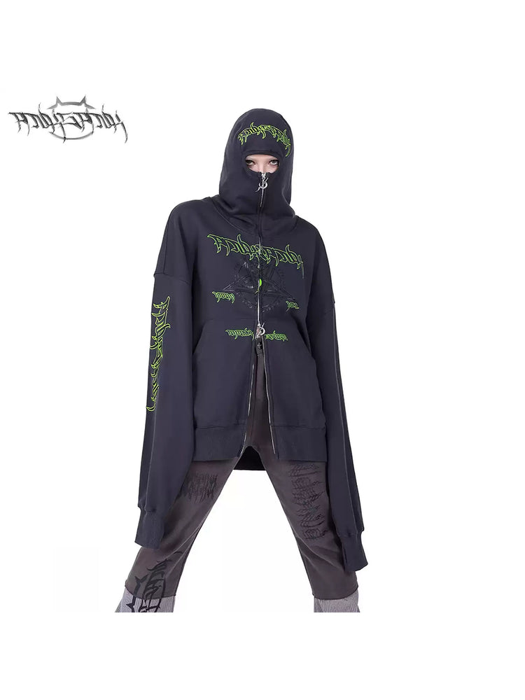 PINKSPINK DNA circle-star balaclava zip hoodie — front modeled close-up with the balaclava hood zipped over the face