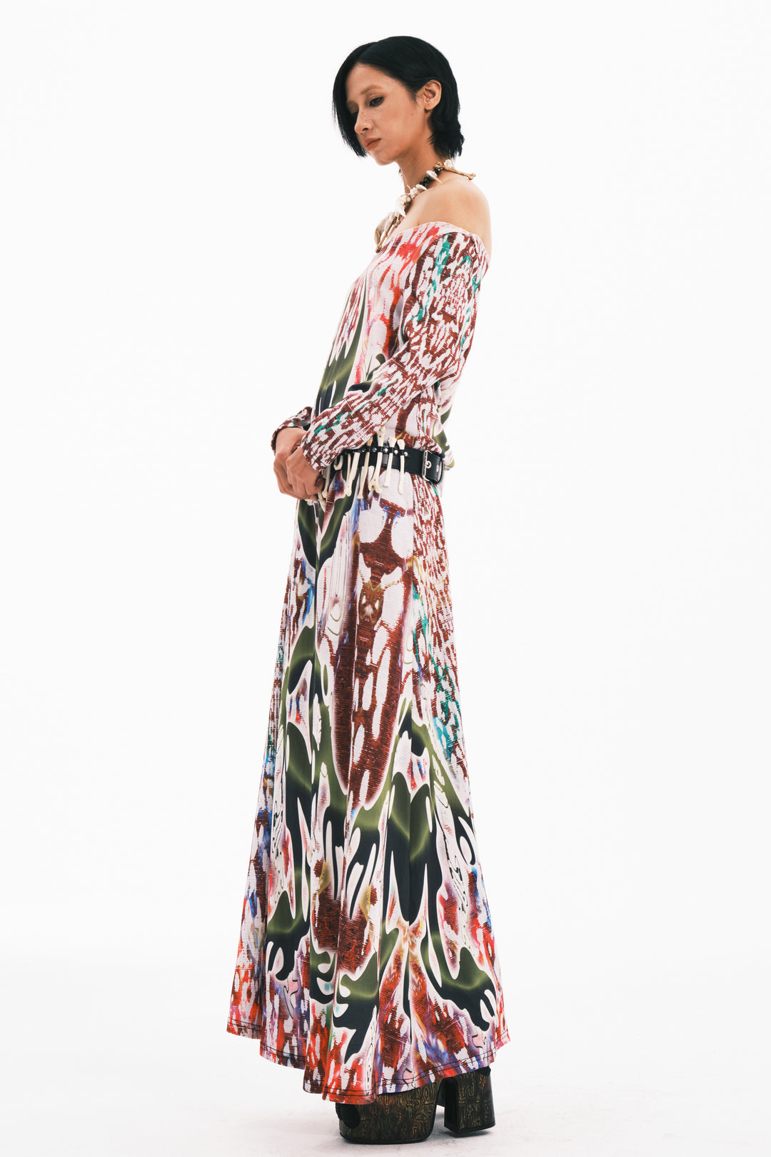 EMBRYO TRIBAL ENTITY white off-shoulder maxi dress — additional styled view