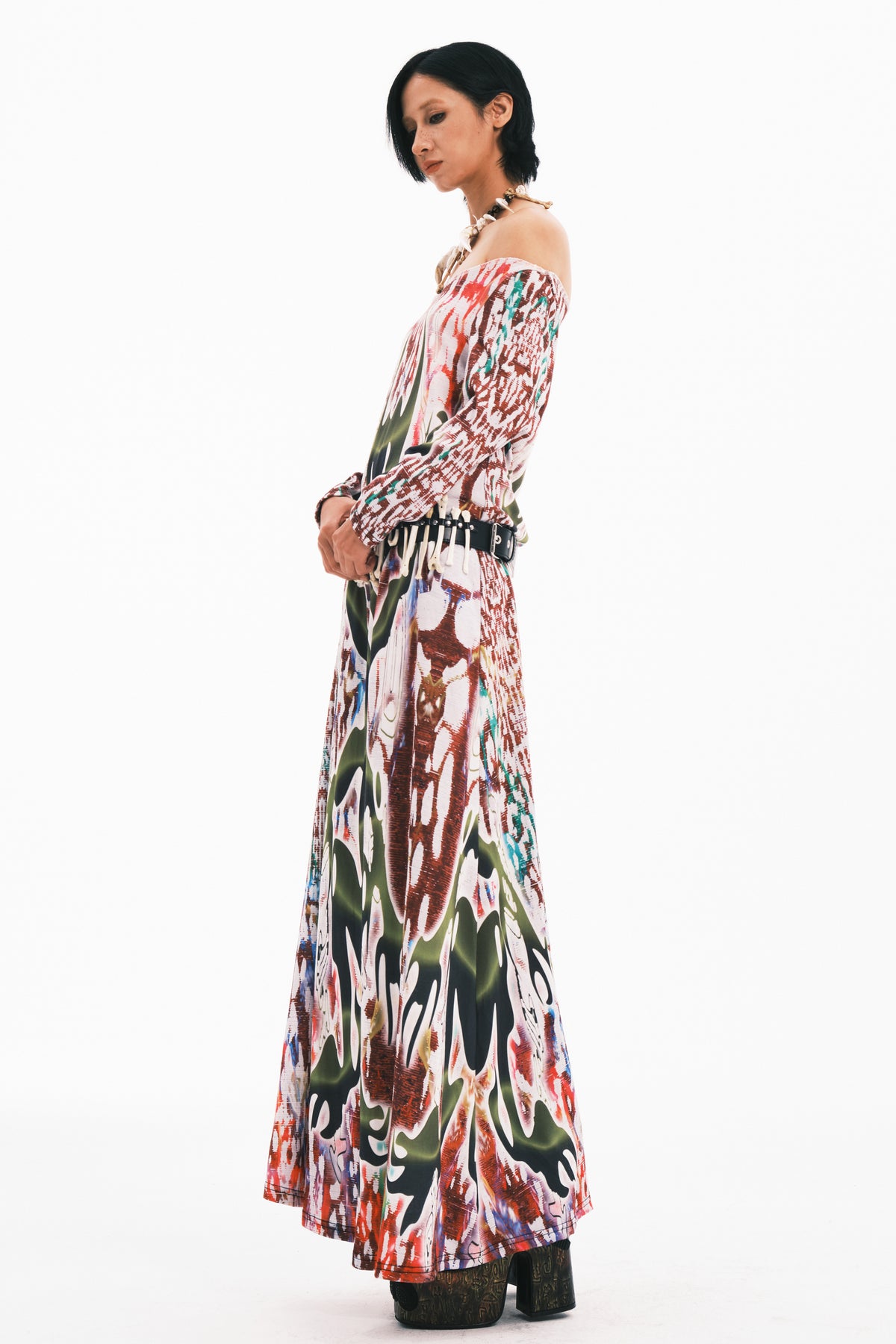 EMBRYO TRIBAL ENTITY white off-shoulder maxi dress — additional styled view