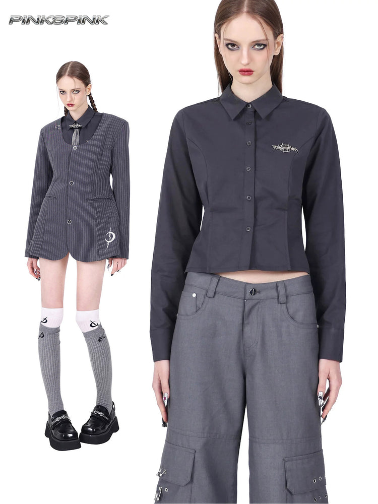 PINKSPINK ELECTRIC MOON sculpted cropped cotton shirt in gray — collage of cropped shirt details and a modeled layered outfit