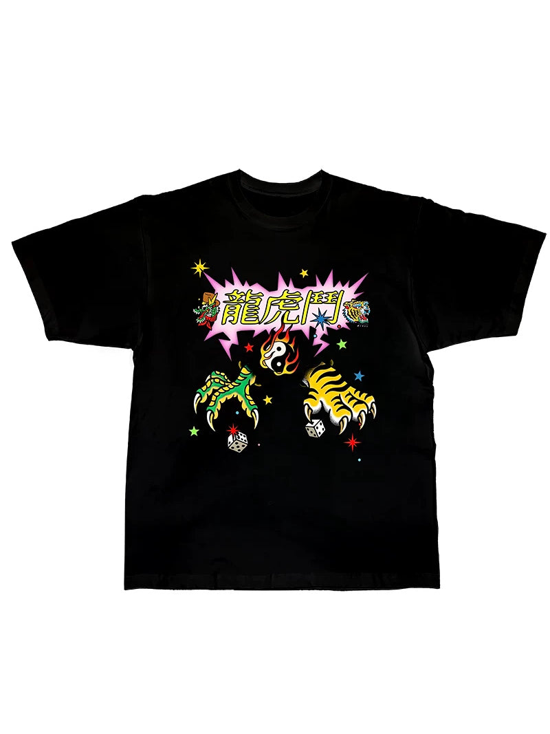 DEADENDKIDS TIGER DRAGON oversized graphic tee — full-length modeled view
