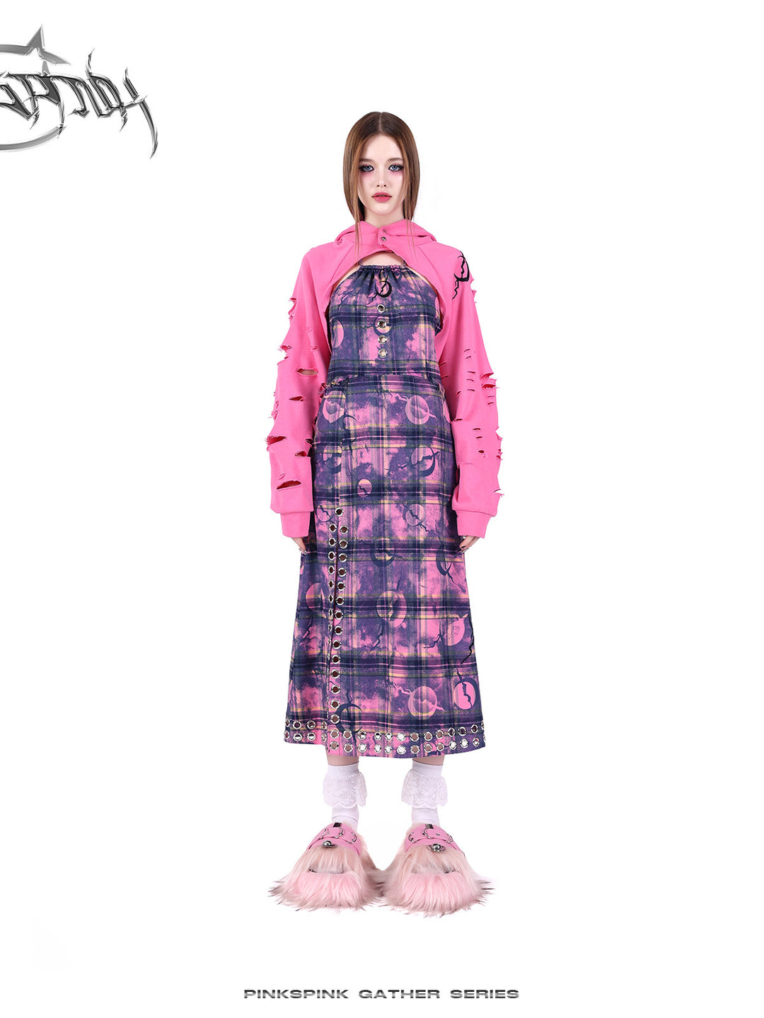 PINKSPINK WASTELAND eyelet plaid halter dress in pink purple — front outfit view with the separate hood lowered