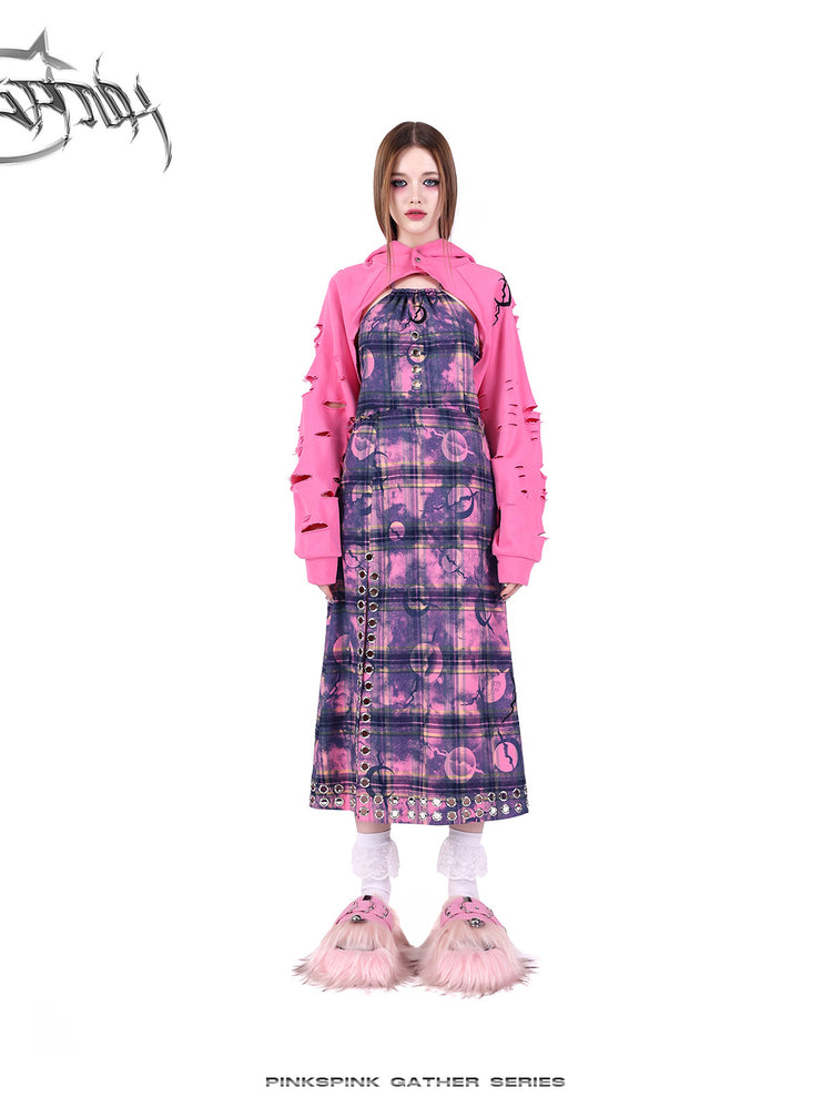 PINKSPINK WASTELAND eyelet plaid halter dress in pink purple — front outfit view with the separate hood lowered