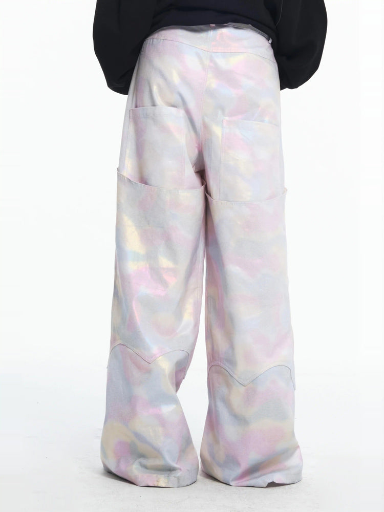 EMBRYO REFLECTIVE CAMO deconstructed wide-leg pants — front modeled view