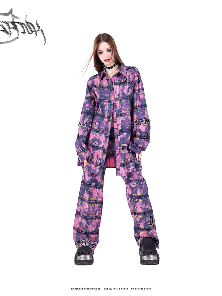 PINKSPINK ELECTRIC MOON wasteland plaid straight-leg pants — modeled front styling view