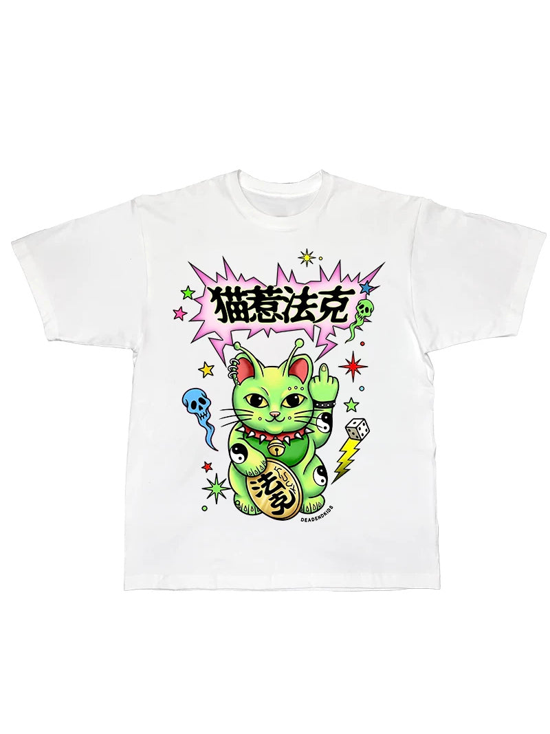 DEADENDKIDS LUCKY ALIEN CAT oversized graphic tee — alternate modeled angle