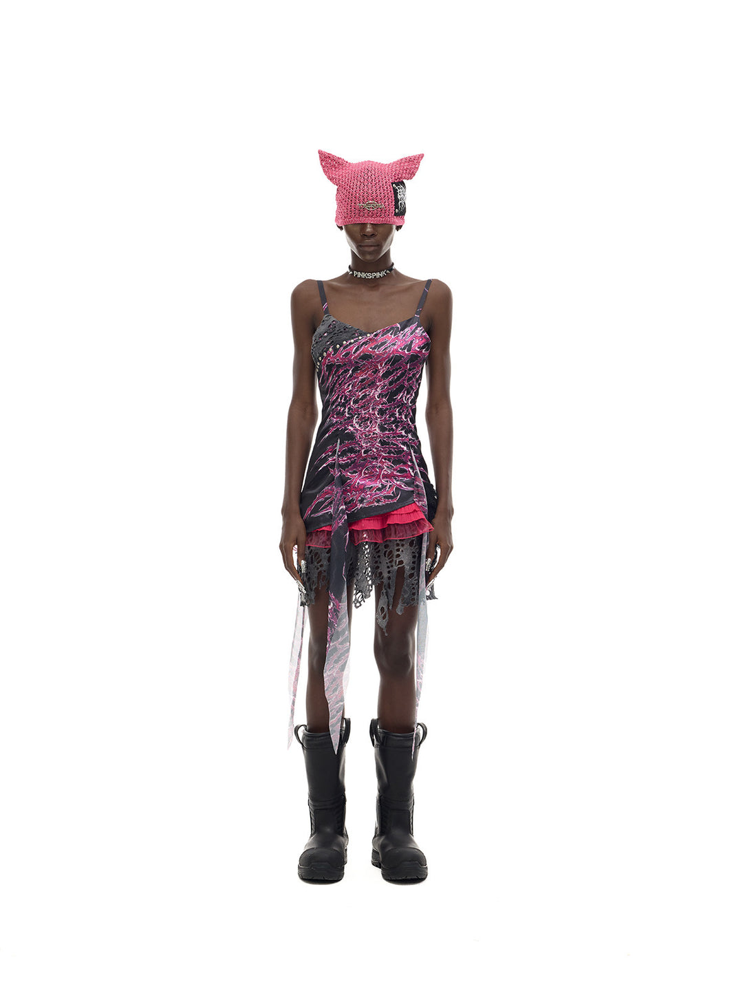 PINKSPINK NEON RIFT asymmetrical lace-trim mini dress — front modeled view showing complete silhouette