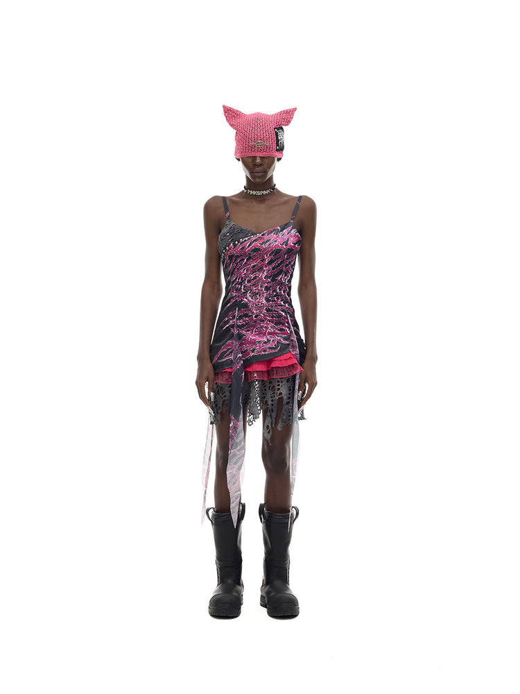 PINKSPINK NEON RIFT asymmetrical lace-trim mini dress — front modeled view showing complete silhouette