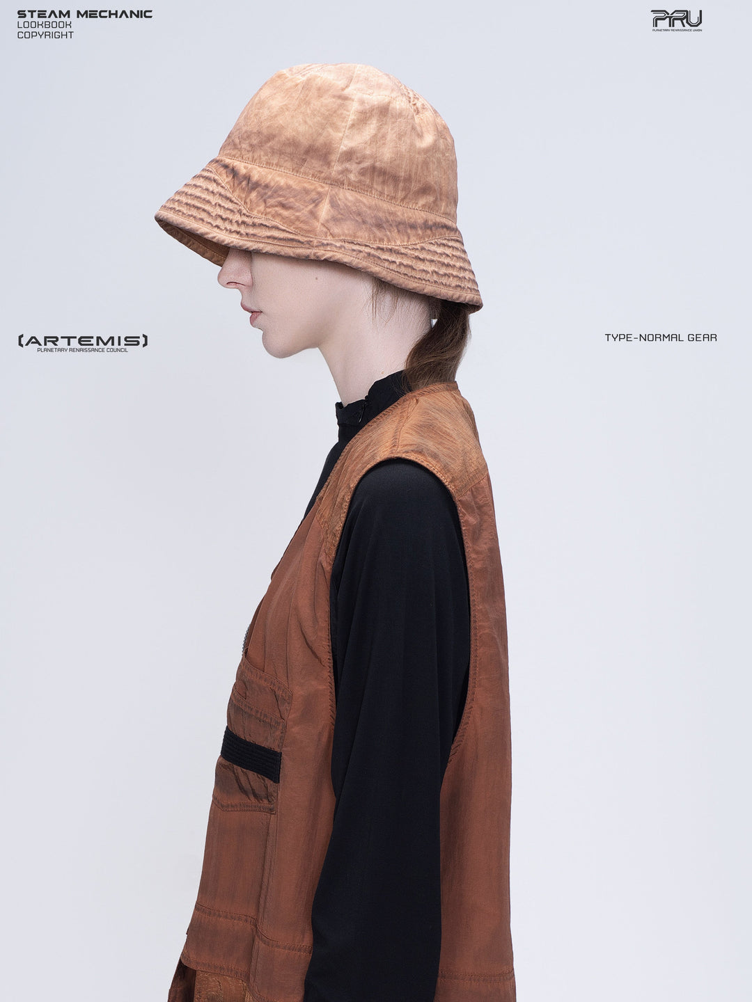 PIONEER venus orange distressed nylon bucket hat — left profile showing the brim edge