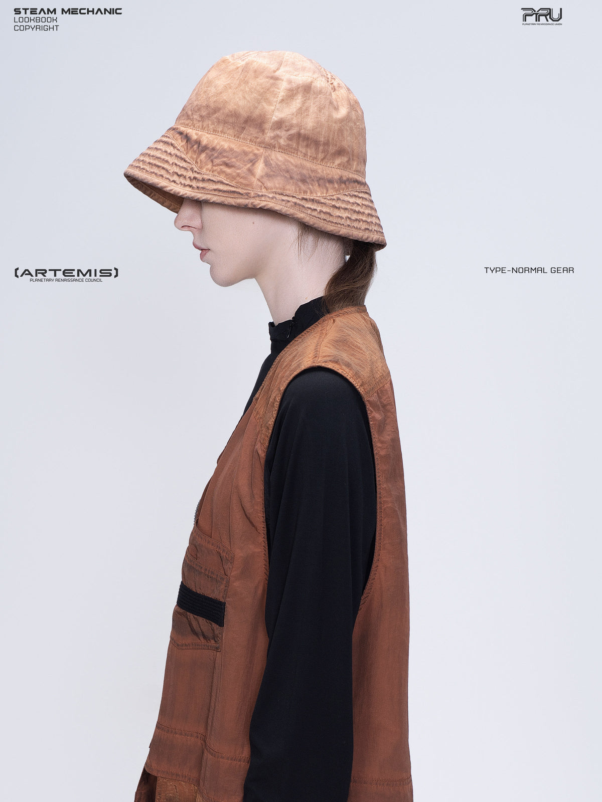 PIONEER venus orange distressed nylon bucket hat — left profile showing the brim edge