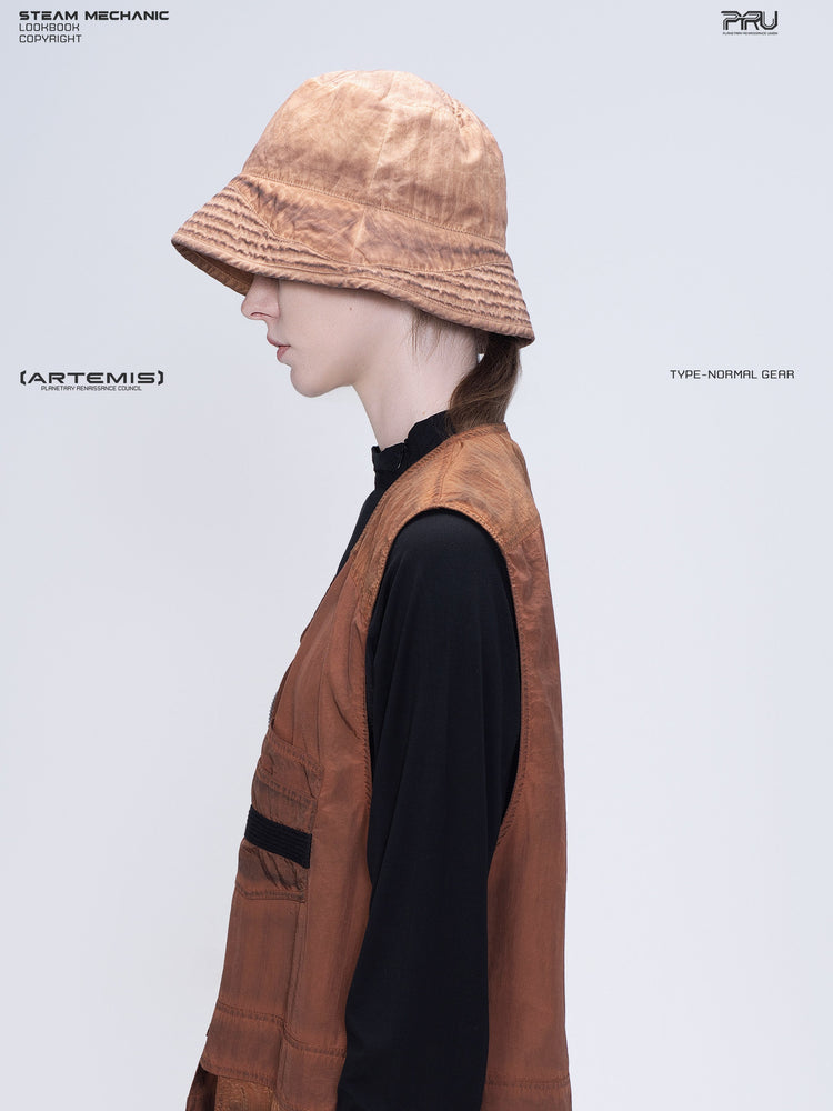 PIONEER venus orange distressed nylon bucket hat — left profile showing the brim edge