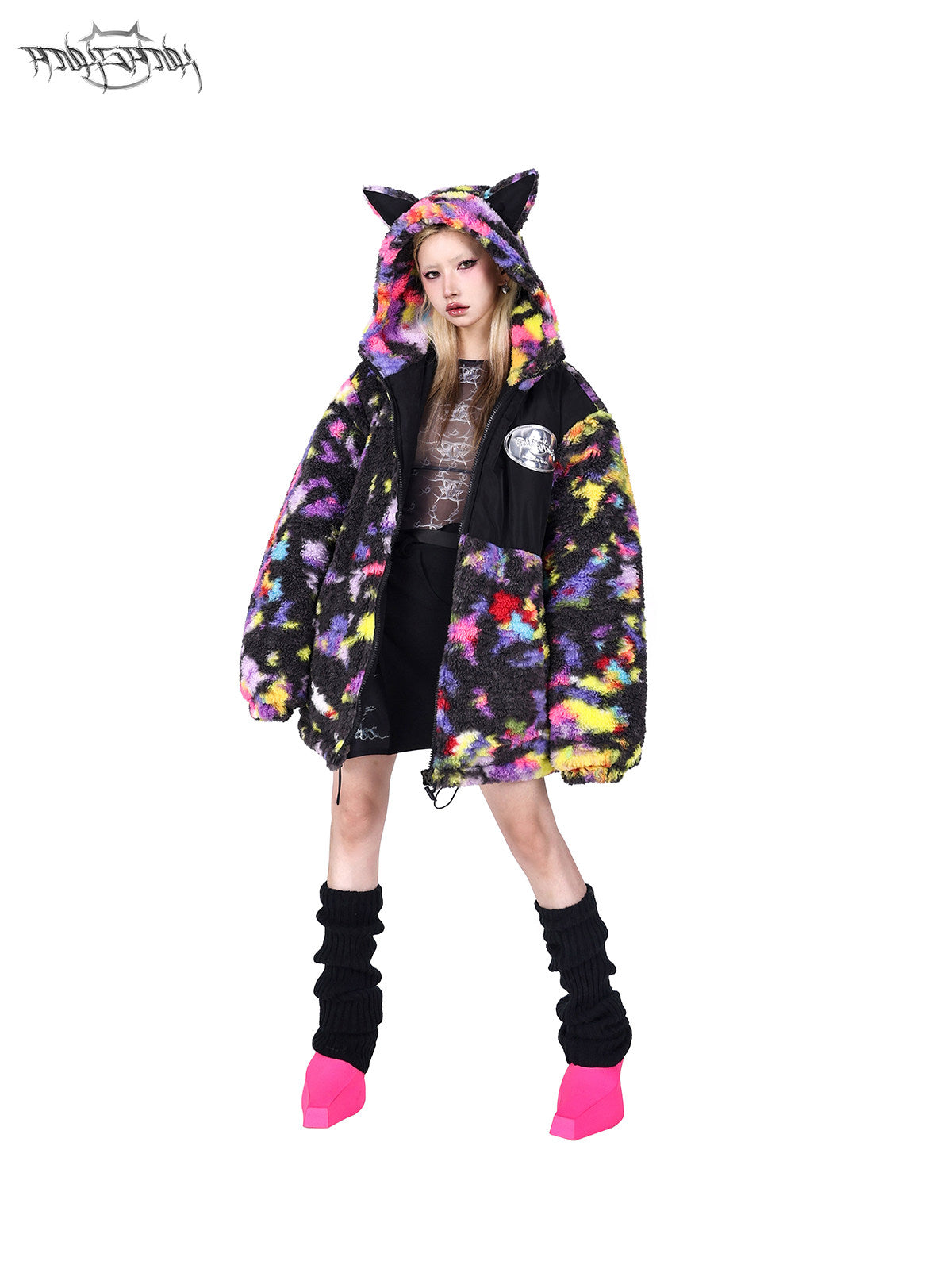 PINKSPINK SPHYNX rainbow cat-ear sherpa jacket — modeled front styling view