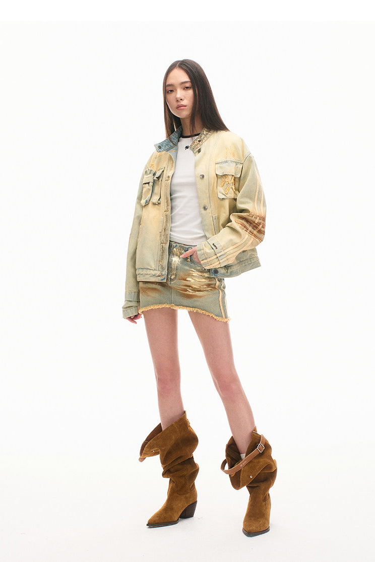 NAWS PYTHON silver-wash denim mini skirt — alternate angle showing the shape and finish
