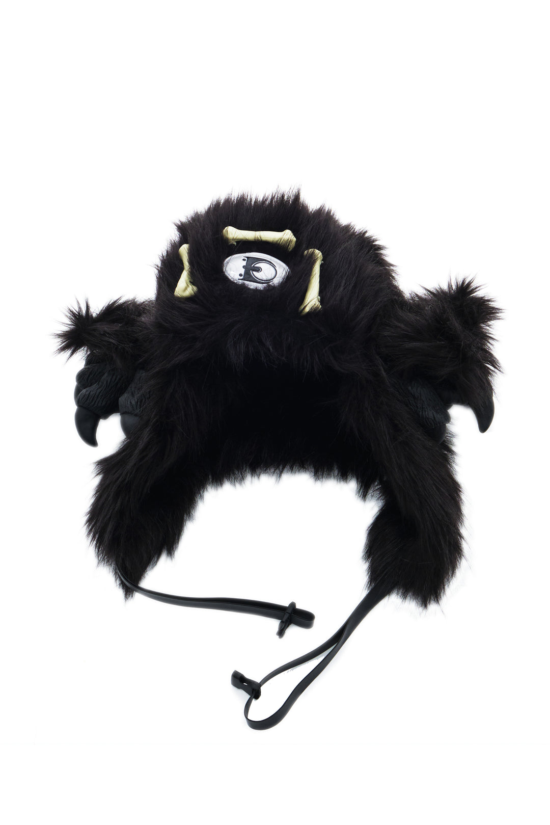 EMBRYO BLACK BEAST bone-detail faux-fur hat — full-length modeled view