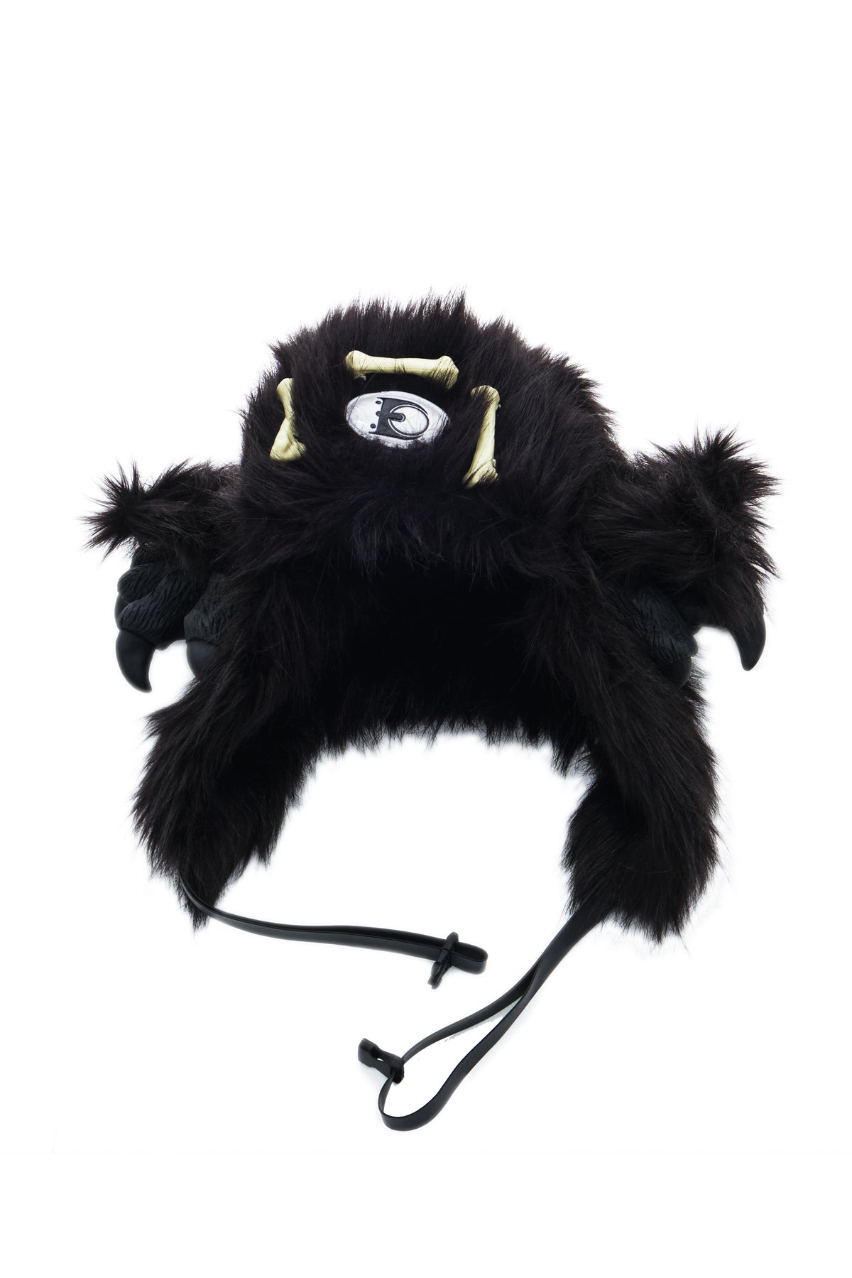 EMBRYO BLACK BEAST bone-detail faux-fur hat — full-length modeled view