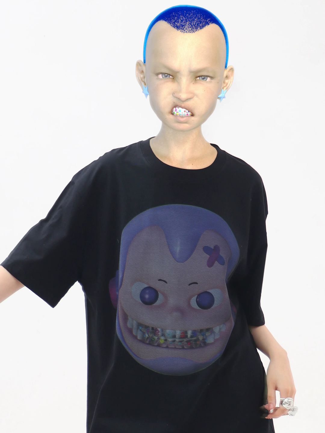 EMBRYO E23 LITTLE ONE oversized black graphic tee — front product presentation