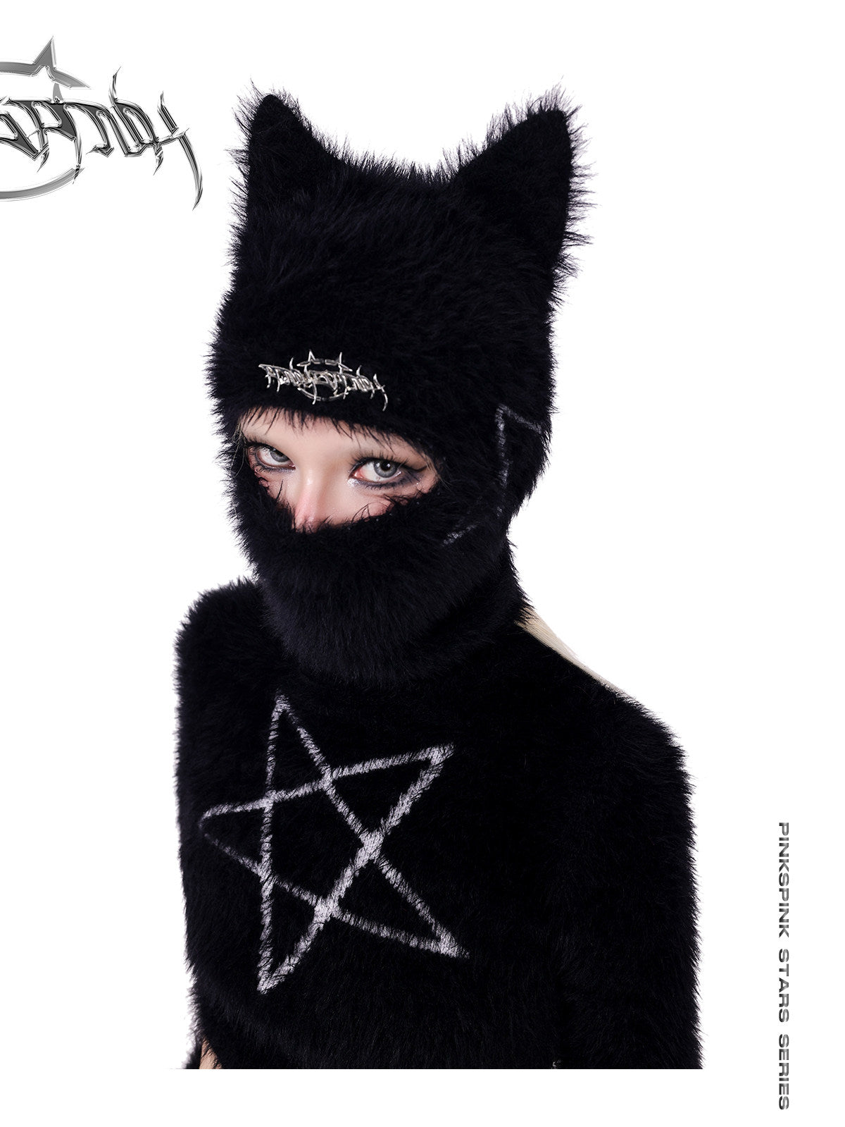 PINKSPINK PENTAGRAM cat-ear knit balaclava — alternate angle showing the shape and finish