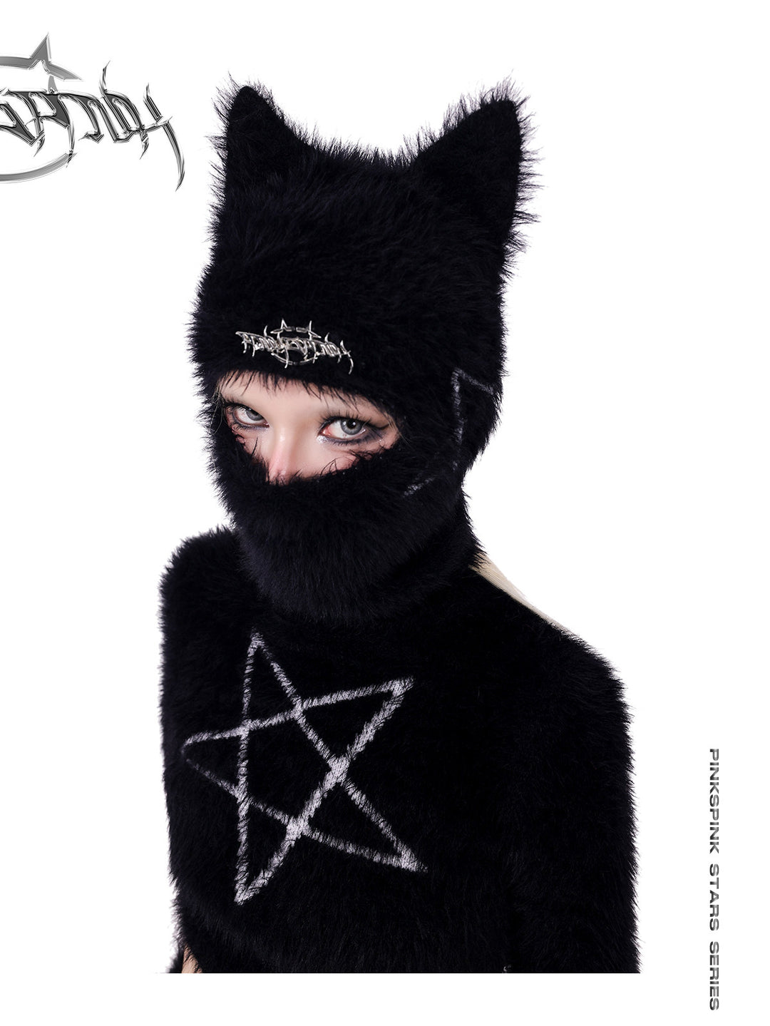PINKSPINK PENTAGRAM knit crop top / mini skirt — full-length modeled styling view