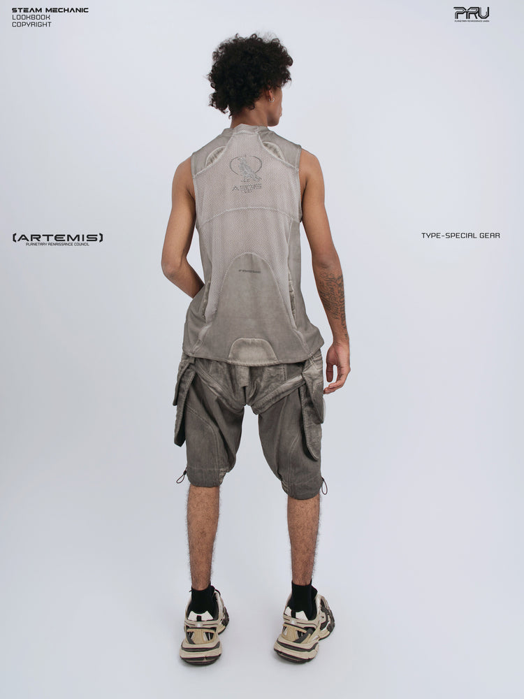 AEGIS lunar sea gray distressed mesh tank — full-length back modeled view showing the emblem and shaped mesh panel