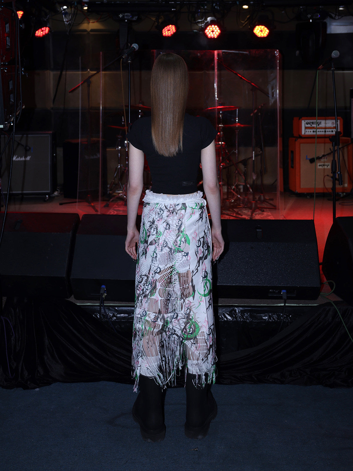 PINKSPINK SHRED SIGNAL printed fringe layering apron — white multicolor — full-length back view showing the open fringe texture