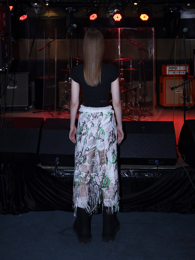 PINKSPINK SHRED SIGNAL printed fringe layering apron — white multicolor — full-length back view showing the open fringe texture