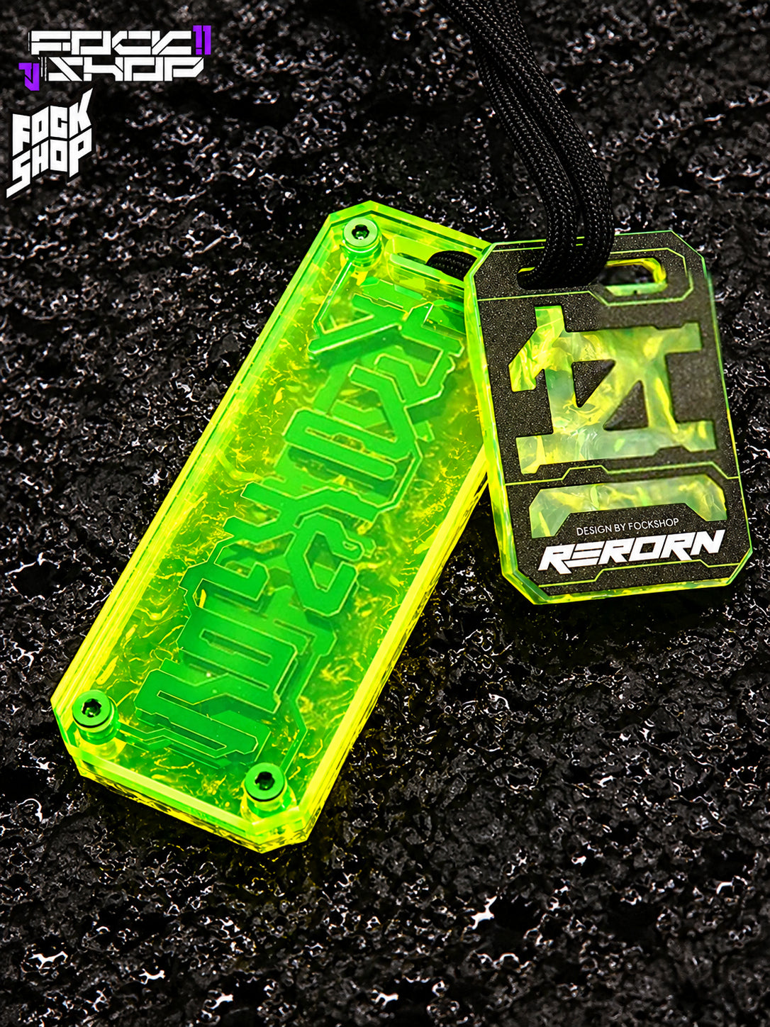 FOCKSHOP REBORN talisman charm — FLUORESCENT GREEN RIPPLE close-up with textured backing