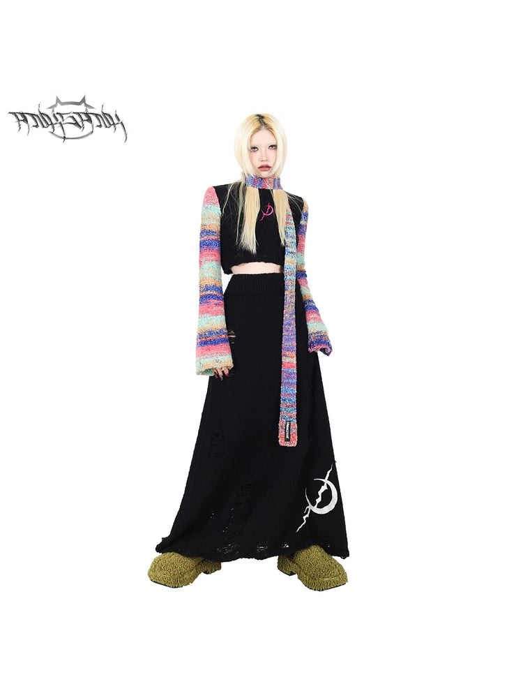 PINKSPINK ELECTRIC MOON rainbow-sleeve cropped sweater with scarf — front modeled close-up with the matching narrow scarf at the neck