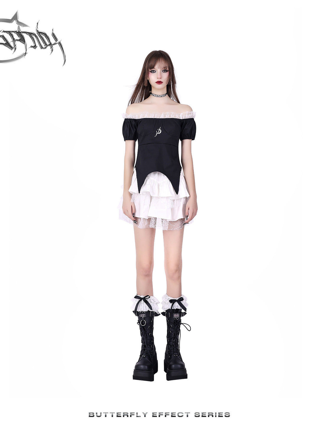 PINKSPINK BUTTERFLY EFFECT off-shoulder two-piece mini dress in black white — straight front full-length modeled view corresponding to the hero photograph