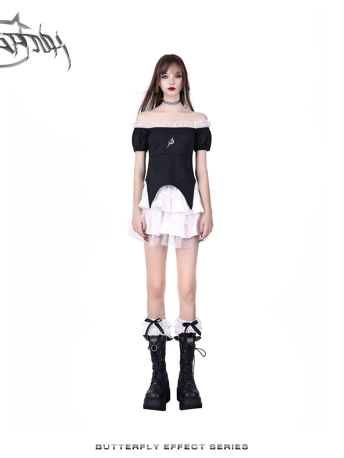 PINKSPINK BUTTERFLY EFFECT off-shoulder two-piece mini dress in black white — straight front full-length modeled view corresponding to the hero photograph