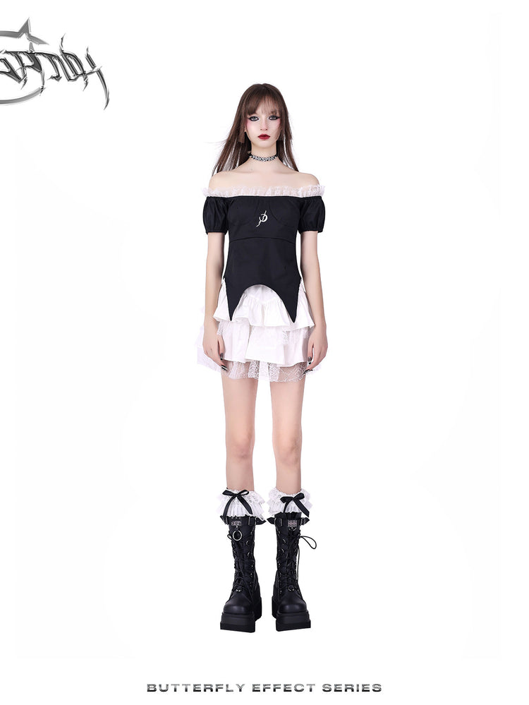 PINKSPINK BUTTERFLY EFFECT off-shoulder two-piece mini dress in black white — straight front full-length modeled view corresponding to the hero photograph