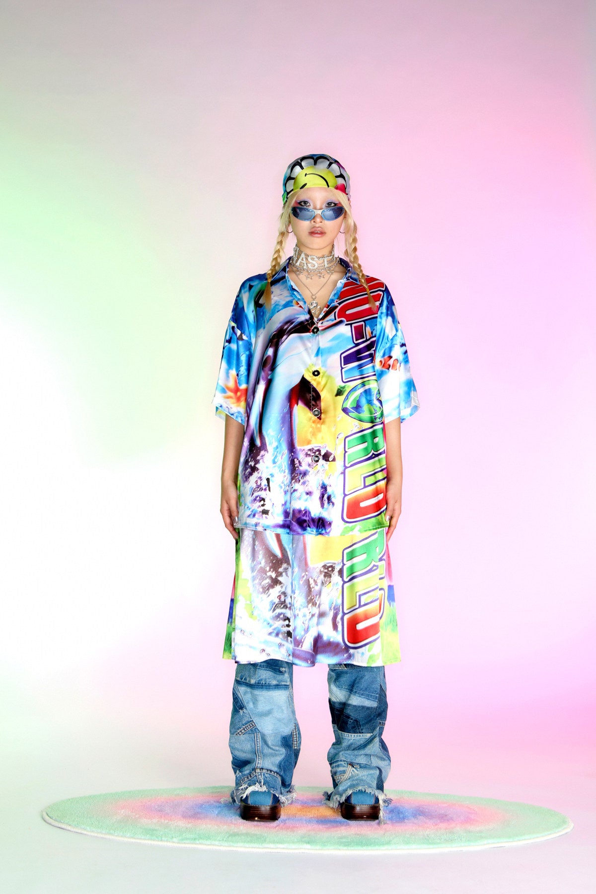 DEADENDKIDS ISLAND GRAFFITI satin-effect shirt — full-length modeled view