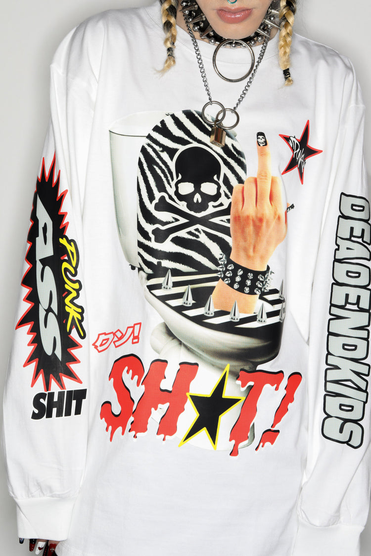 DEADENDKIDS MIDDLE FINGER oversized long-sleeve tee — alternate modeled angle