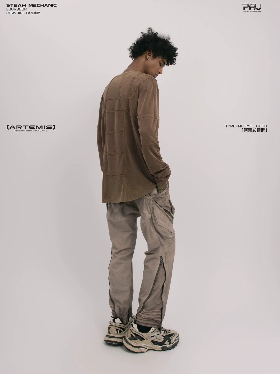 RUSTED ORBIT petrified brown mesh-panel long-sleeve top — full-length styled view