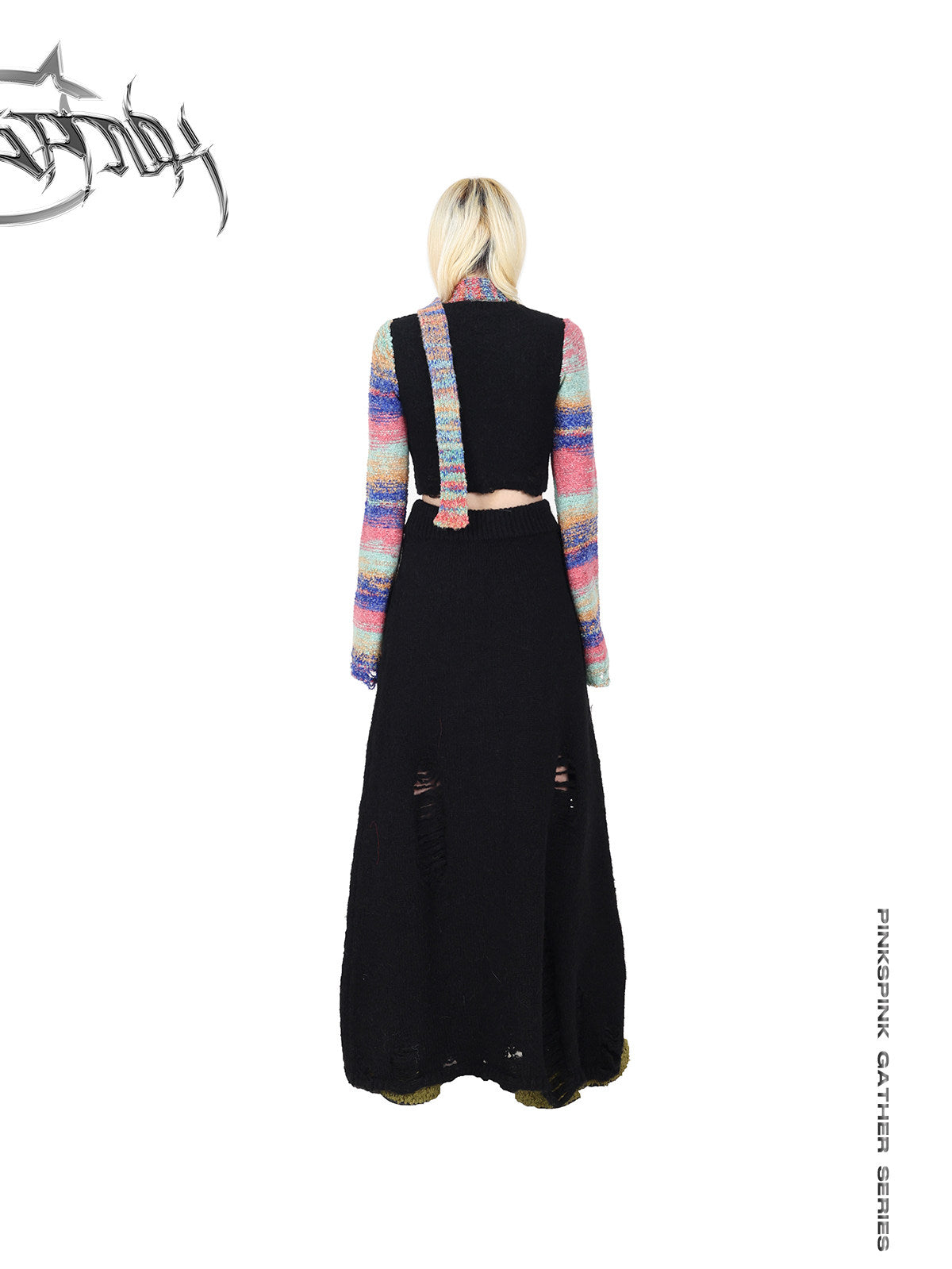 PINKSPINK ELECTRIC MOON rainbow-sleeve cropped sweater with scarf — back modeled view showing the black body and multicolor sleeves