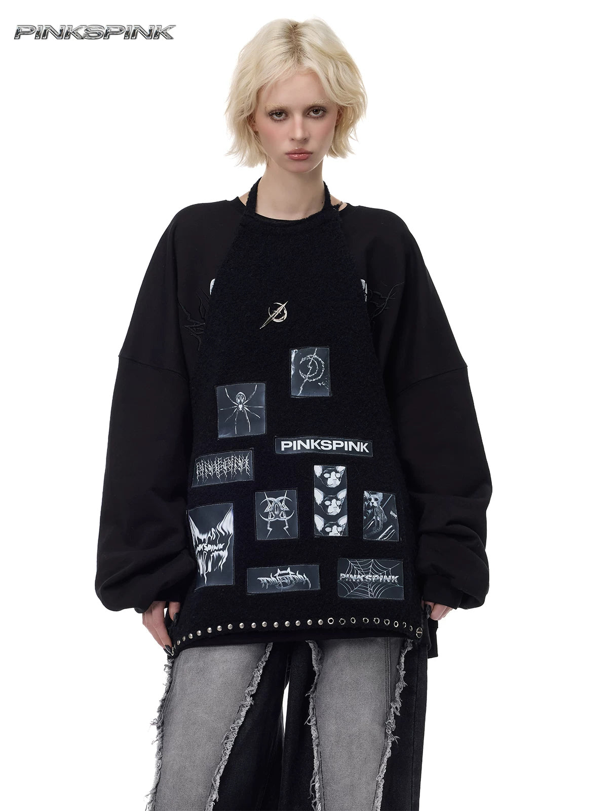 PINKSPINK ELECTRIC MOON patchwork knit layering apron — black front modeled view over sweatshirt