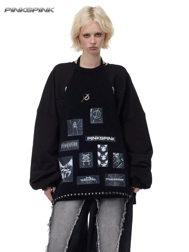 PINKSPINK ELECTRIC MOON patchwork knit layering apron — black front modeled view over sweatshirt