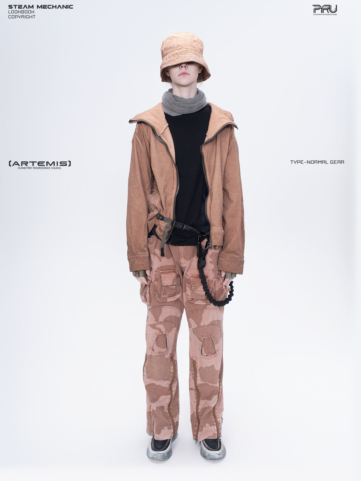 PIONEER venus orange distressed nylon bucket hat — full-length modeled view with an orange jacket and camouflage trousers