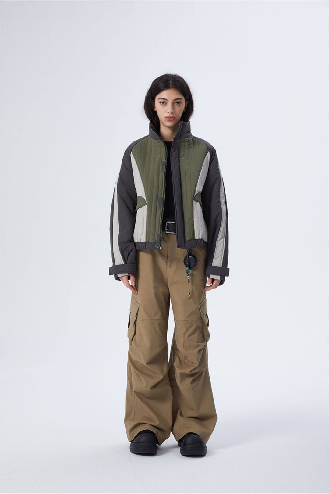 ERRORCODE ROBOT gray, white and green colorblock quilted cropped jacket, full-length front modeled view