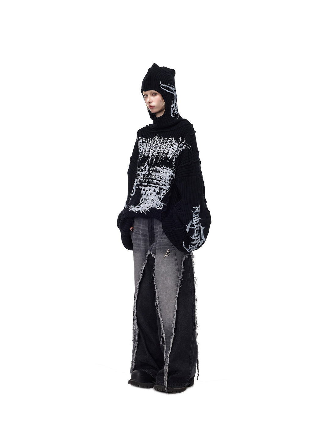 PINKSPINK THORN SIGNAL hooded graphic knit sweater — side full-length styling with hood raised