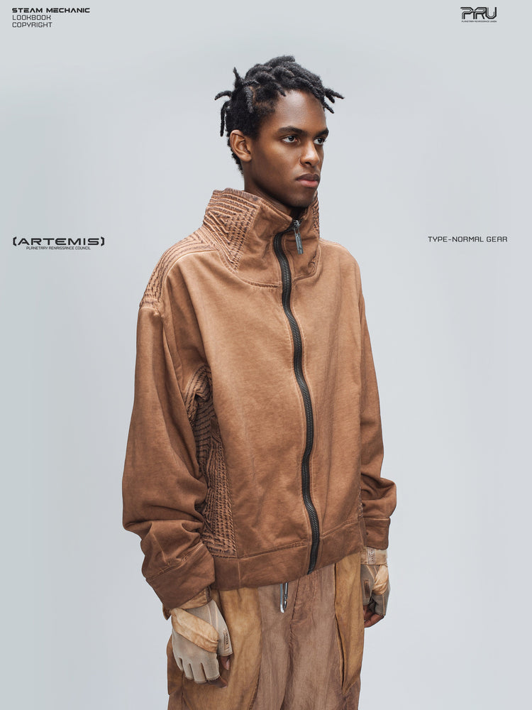 PIONEER venus orange distressed protection zip jacket — side modeled view