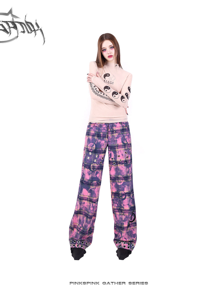 PINKSPINK ELECTRIC MOON wasteland plaid straight-leg pants — full-length modeled styling view