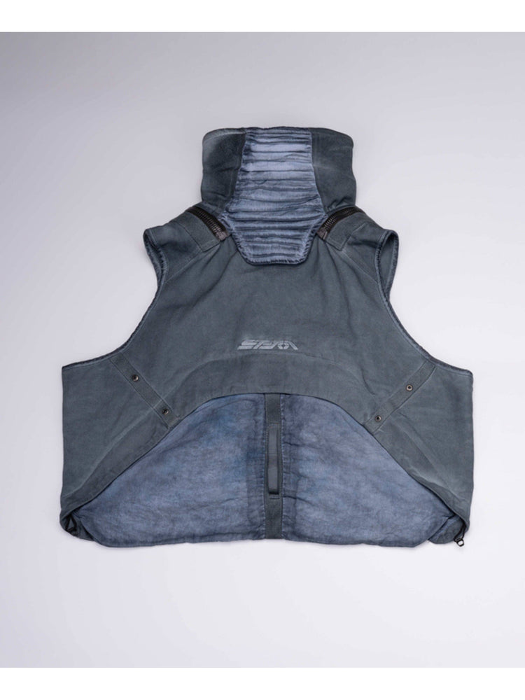 FISSION modular vest in star blue — blue back garment-only view showing removable rear pouch and pleated collar