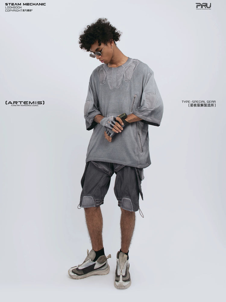 STARCORE stellar blue distressed mesh tee — full-length styled view